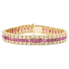 14 Karat Yellow Gold Pigeons Blood Ruby and Diamond Three Row Bracelet