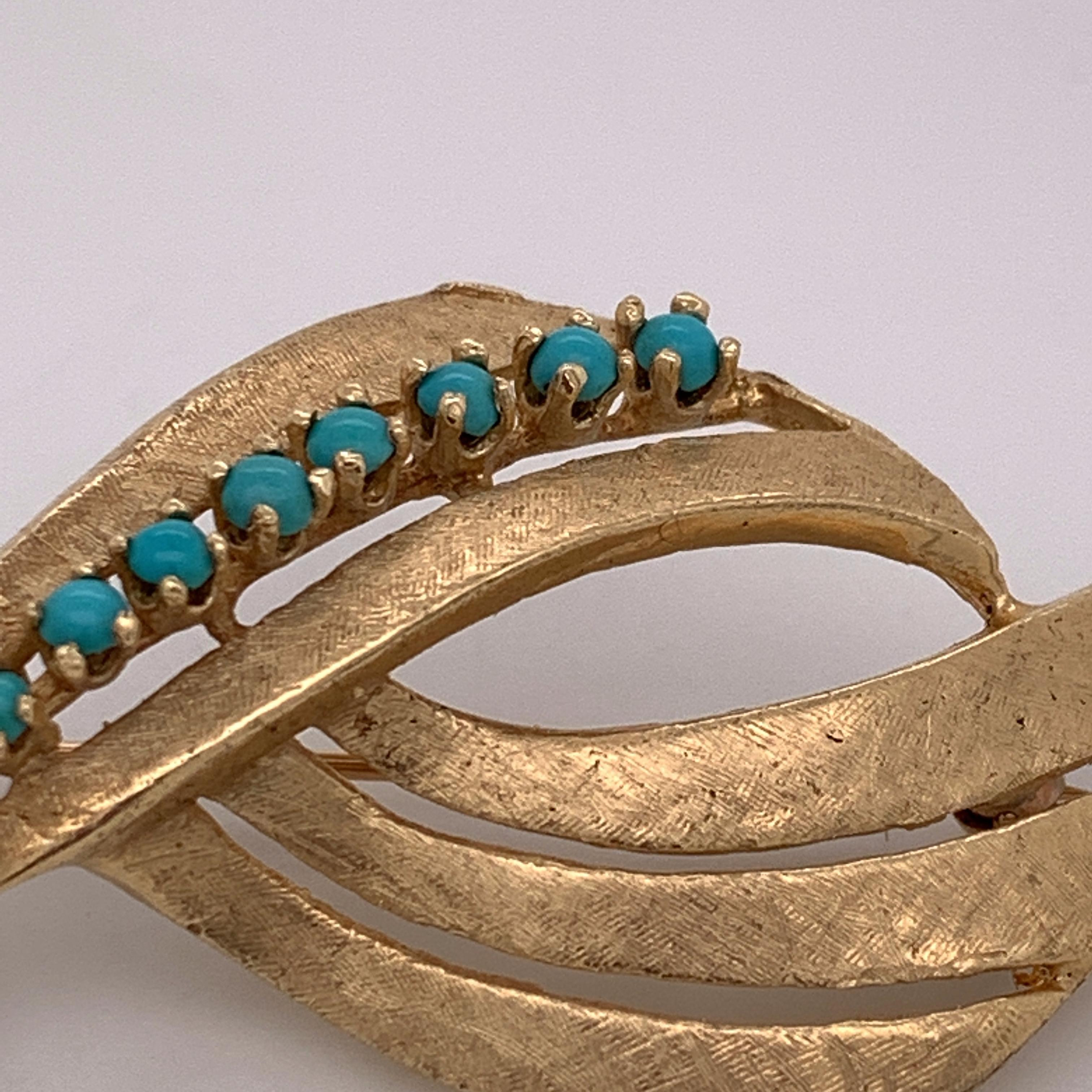Art Nouveau 14 Karat Yellow Gold Ribbon Pin With Turquoise Accents