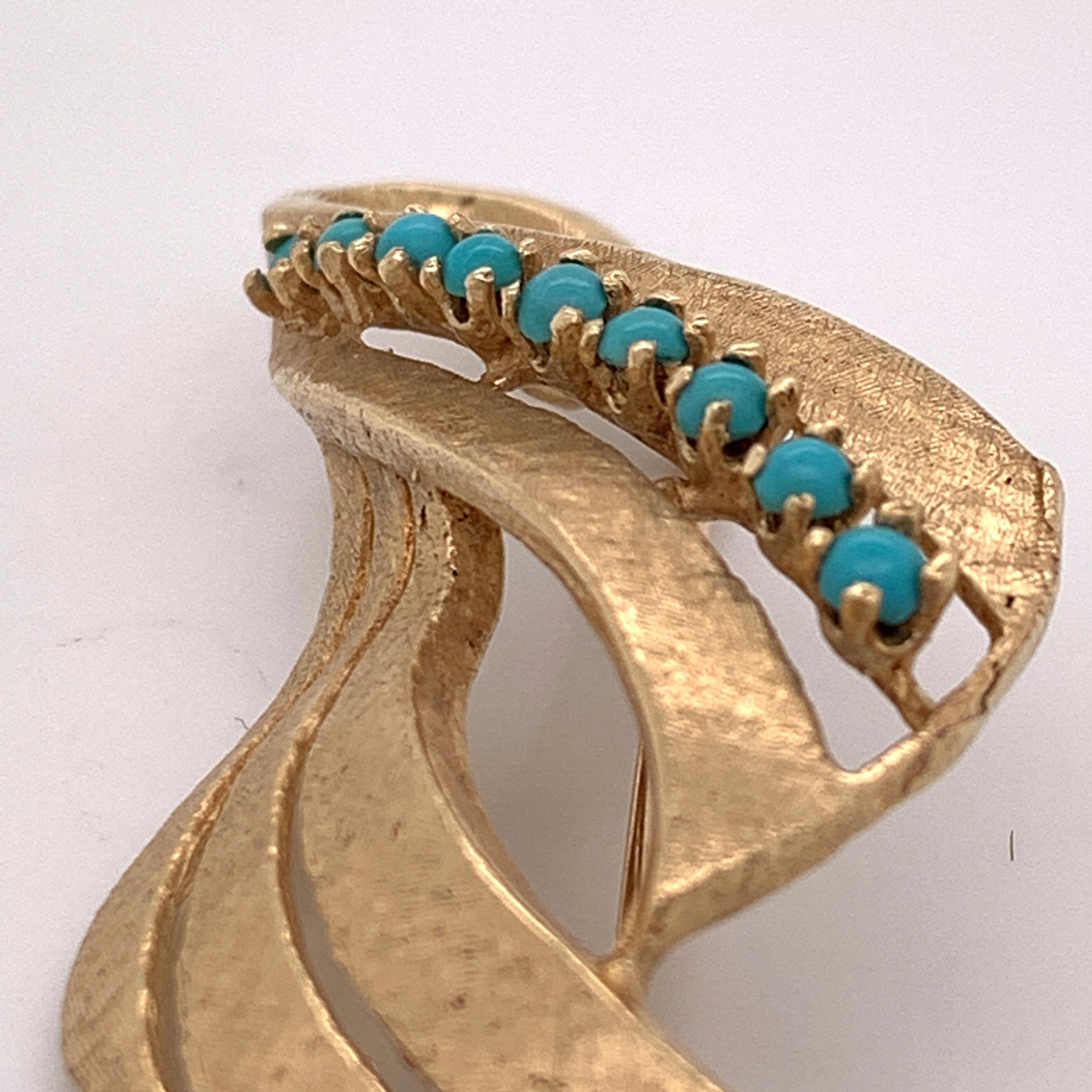 Round Cut 14 Karat Yellow Gold Ribbon Pin With Turquoise Accents