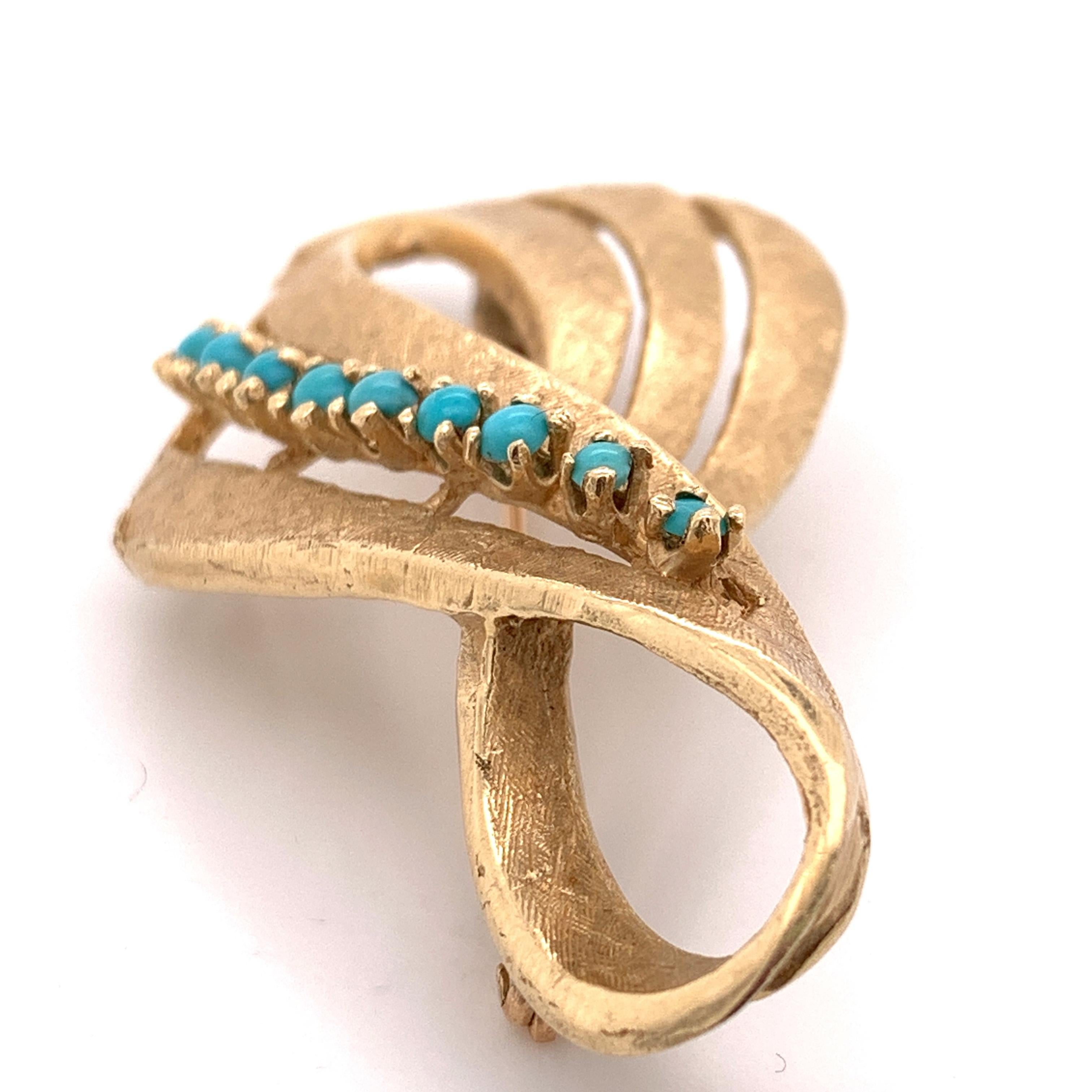 14 Karat Yellow Gold Ribbon Pin With Turquoise Accents In Good Condition In Addison, TX