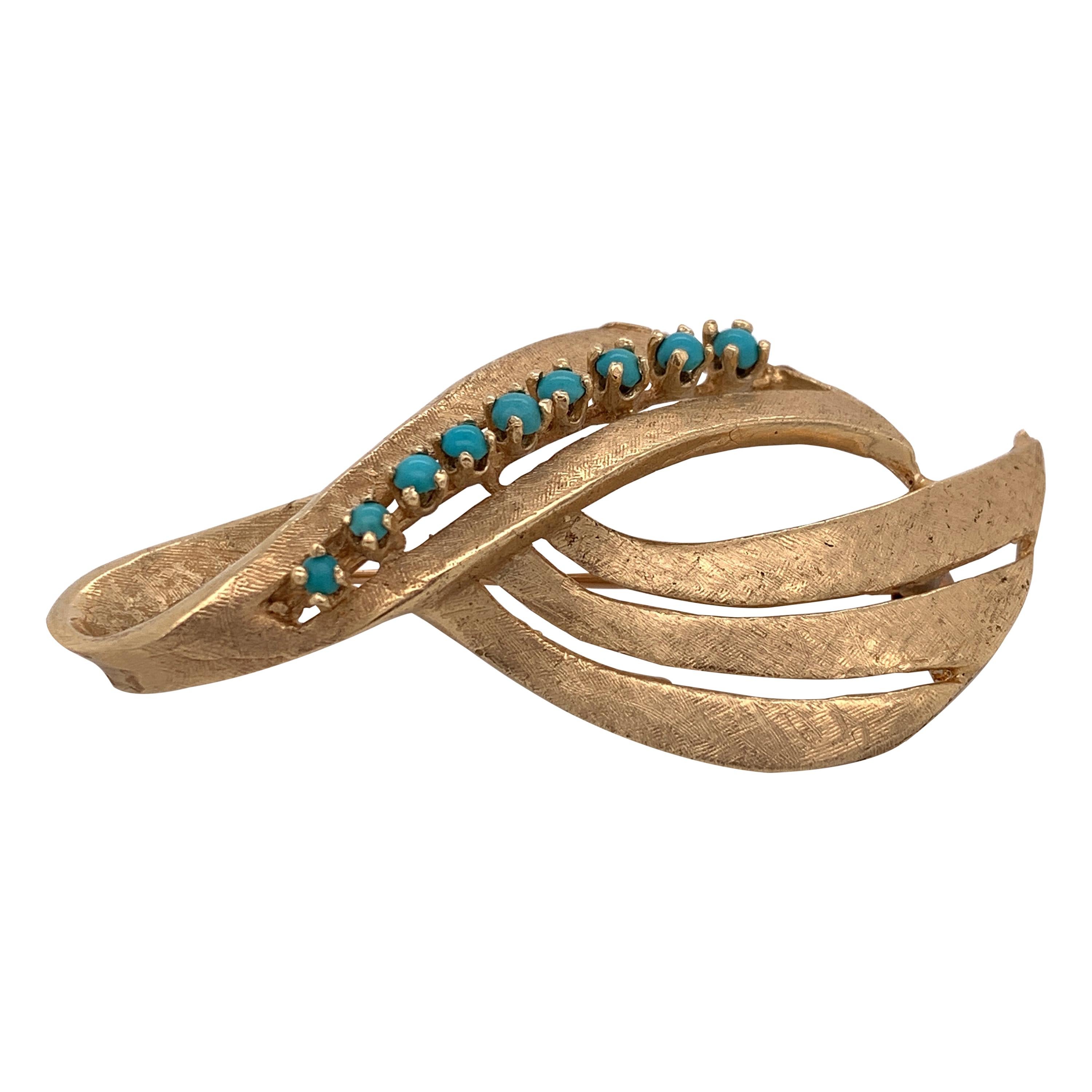 14 Karat Yellow Gold Ribbon Pin With Turquoise Accents