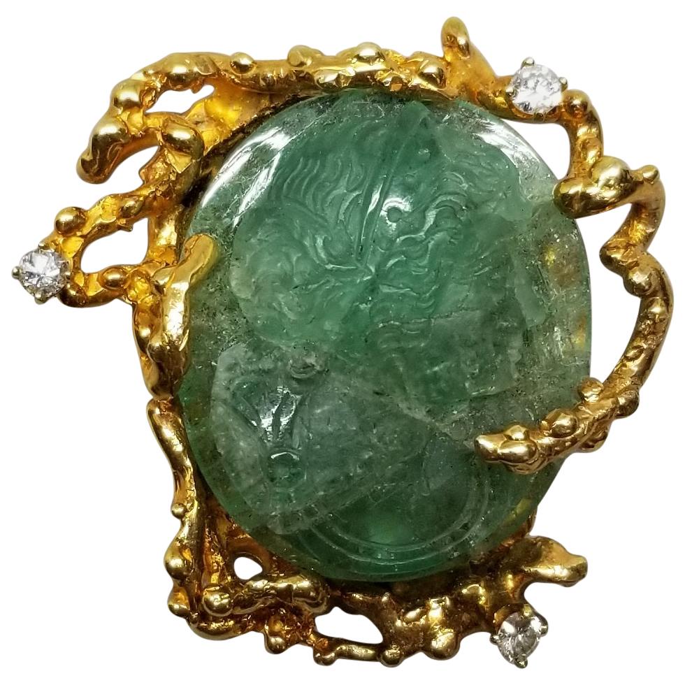14 Karat Yellow Gold Pin/Pendant with a Hand Carved Emerald with Diamonds