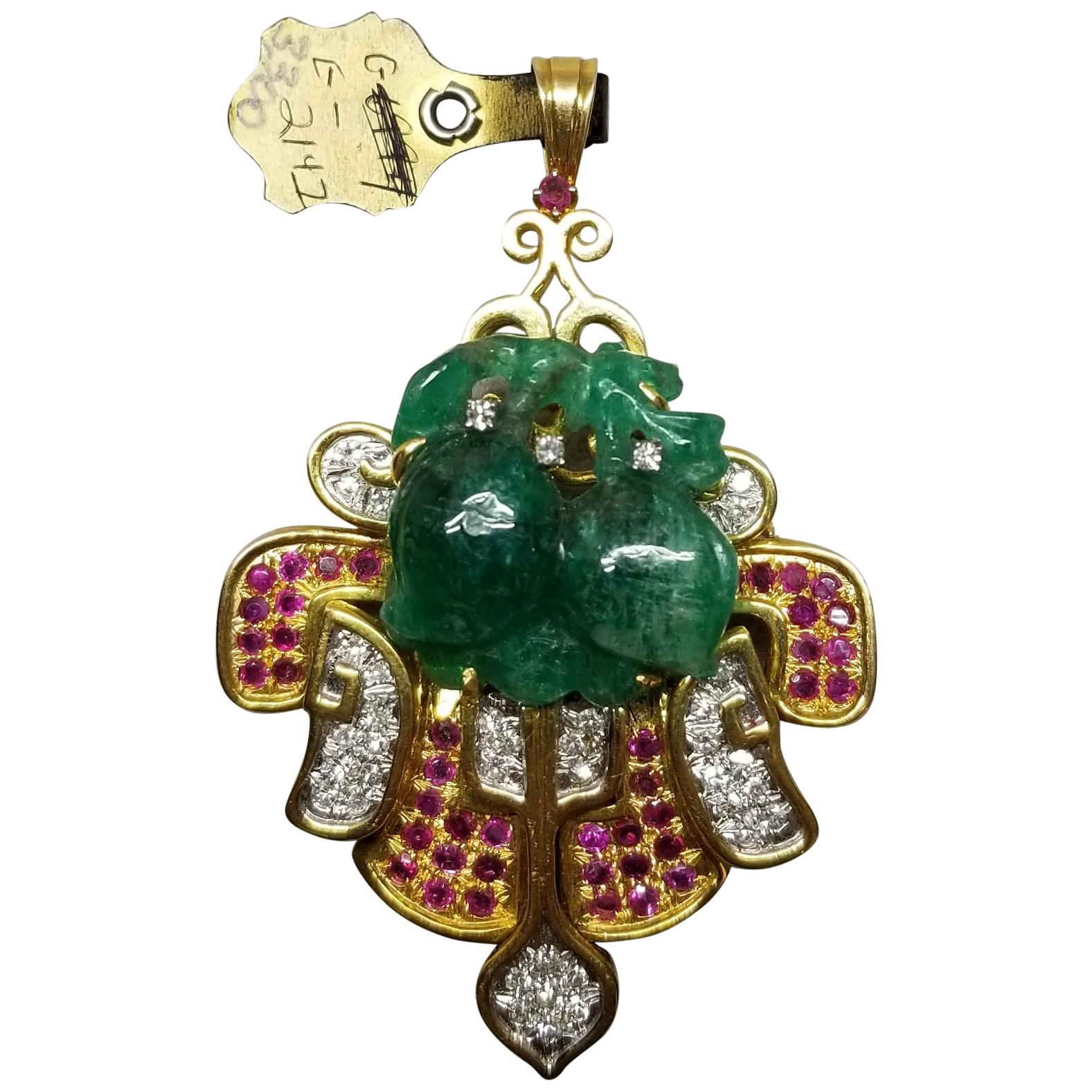 14 Karat Yellow Gold Pin/Pendant with Hand Craved Emerald, Diamonds and Rubies For Sale