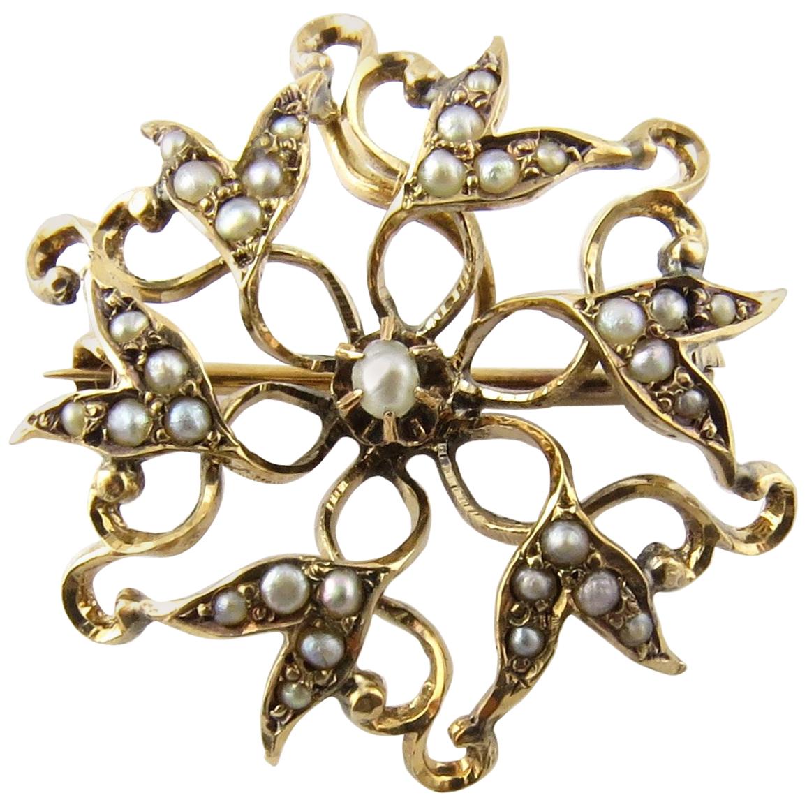 14 Karat Yellow Gold Pin with Seed Pearls