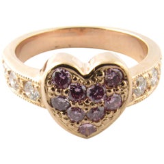 14 Karat Yellow Gold Pink and White Diamond Heart Ring