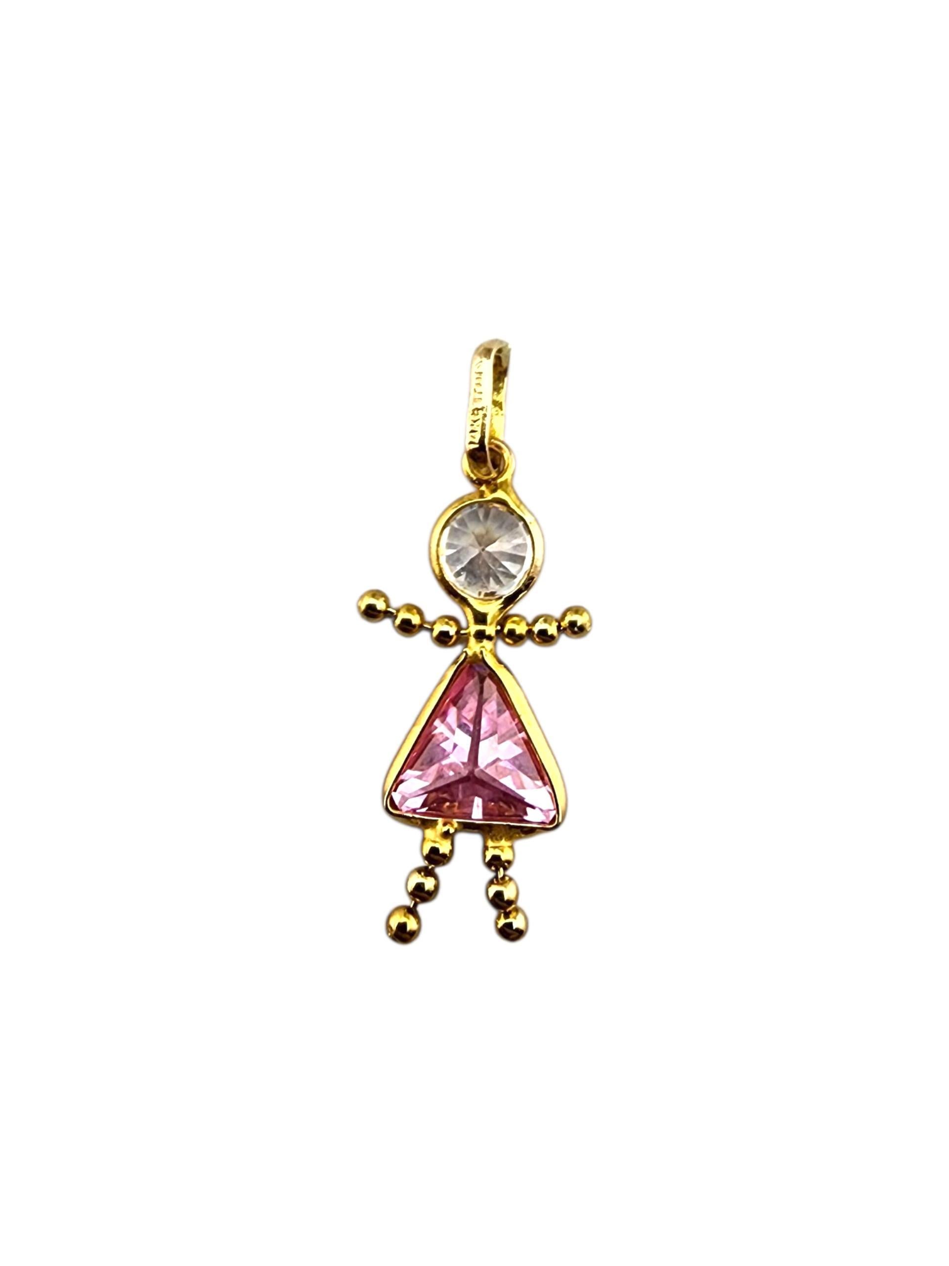 Pendentif fille en or jaune 14 carats avec pierre de naissance rose #23182