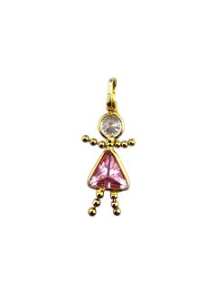 Pendentif fille en or jaune 14 carats avec pierre de naissance rose #23182