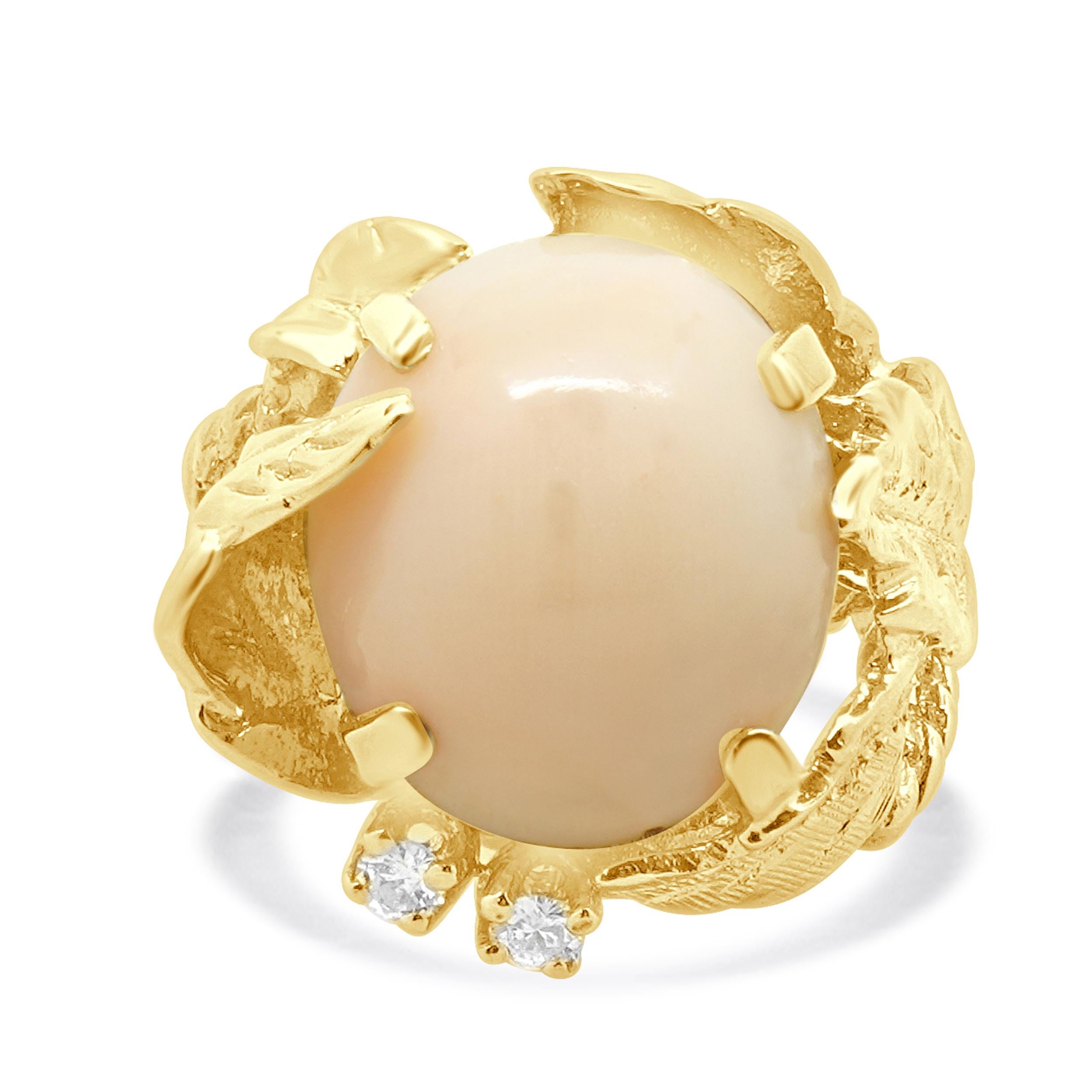 14 Karat Yellow Gold Pink Coral and Diamond Vintage Freeform Ring
