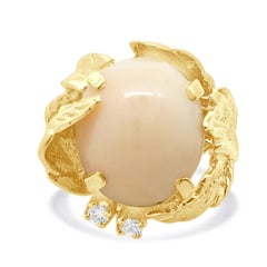 14 Karat Yellow Gold Pink Coral and Diamond Vintage Freeform Ring