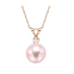 14 Karat Yellow Gold Pink Freshwater Pearl and 5pt TDW Diamond Pendant Necklace