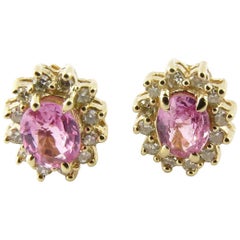 14 Karat Yellow Gold Pink Gemstone and Diamond Earrings