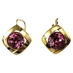 14 Karat Yellow Gold Pink Gemstone Lever-Back Earrings #20631