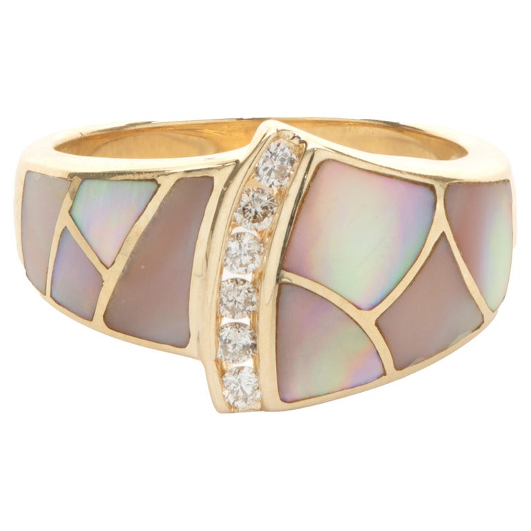 14 Karat Yellow Gold Pink Mother of Pearl Inlay and Diamond Ring