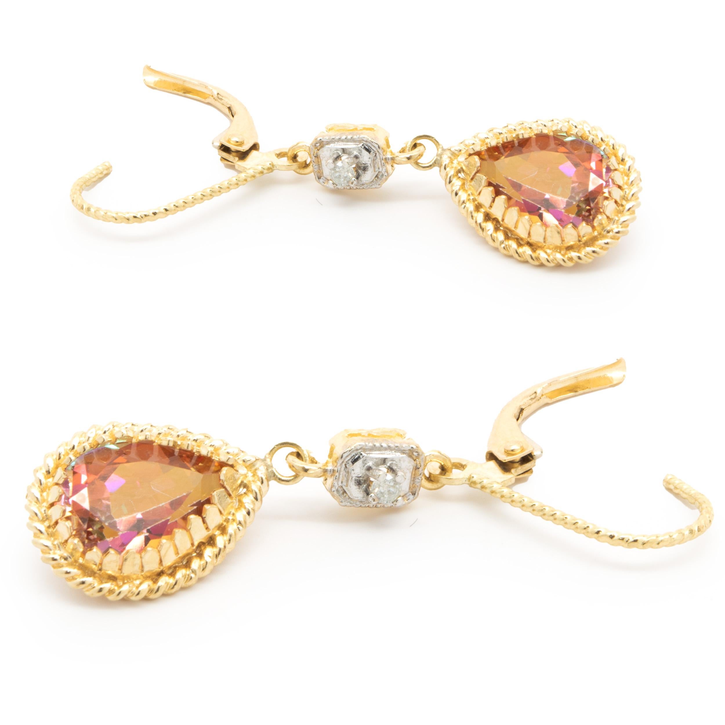 Pear Cut 14 Karat Yellow Gold Pink Mystic Topaz and Diamond Drop Earrings For Sale
