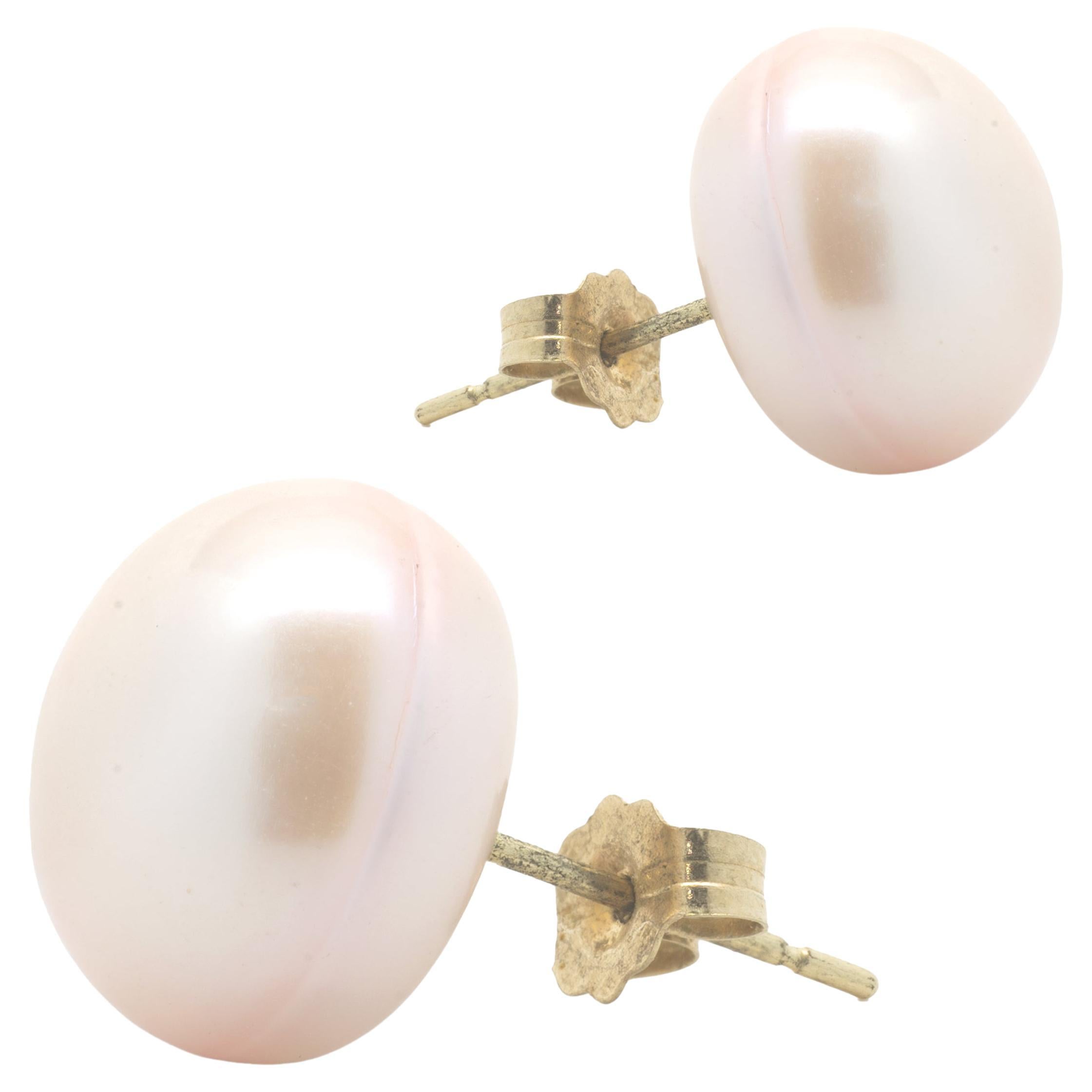 8mm 13mm AAA Freshwater Cultured Pink Pearl Button Stud Earrings 10K Yellow Gold Kezef Creations ESFWPB13PNK-10K