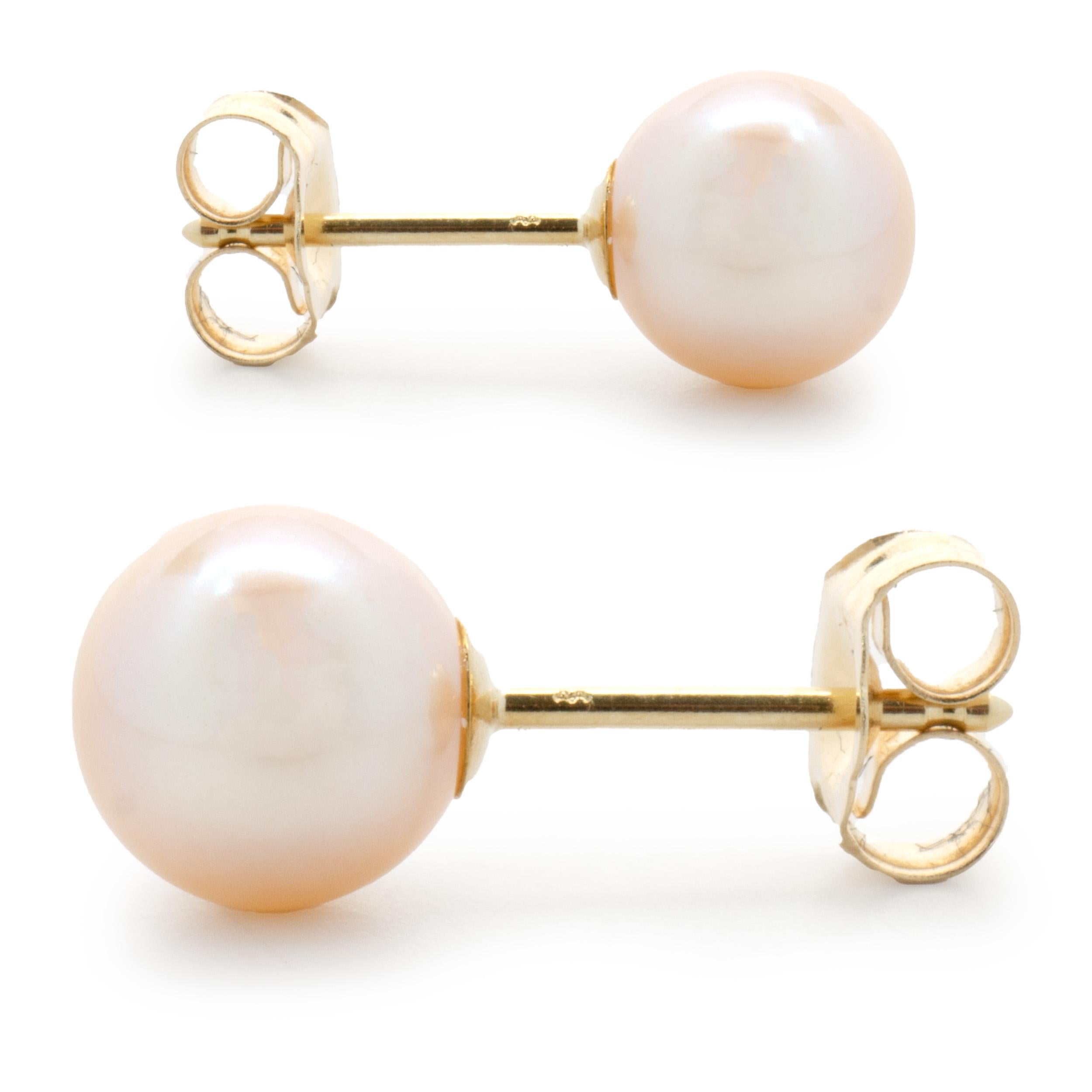 Round Cut 14 Karat Yellow Gold Pink Rose Pearl Stud Earrings For Sale