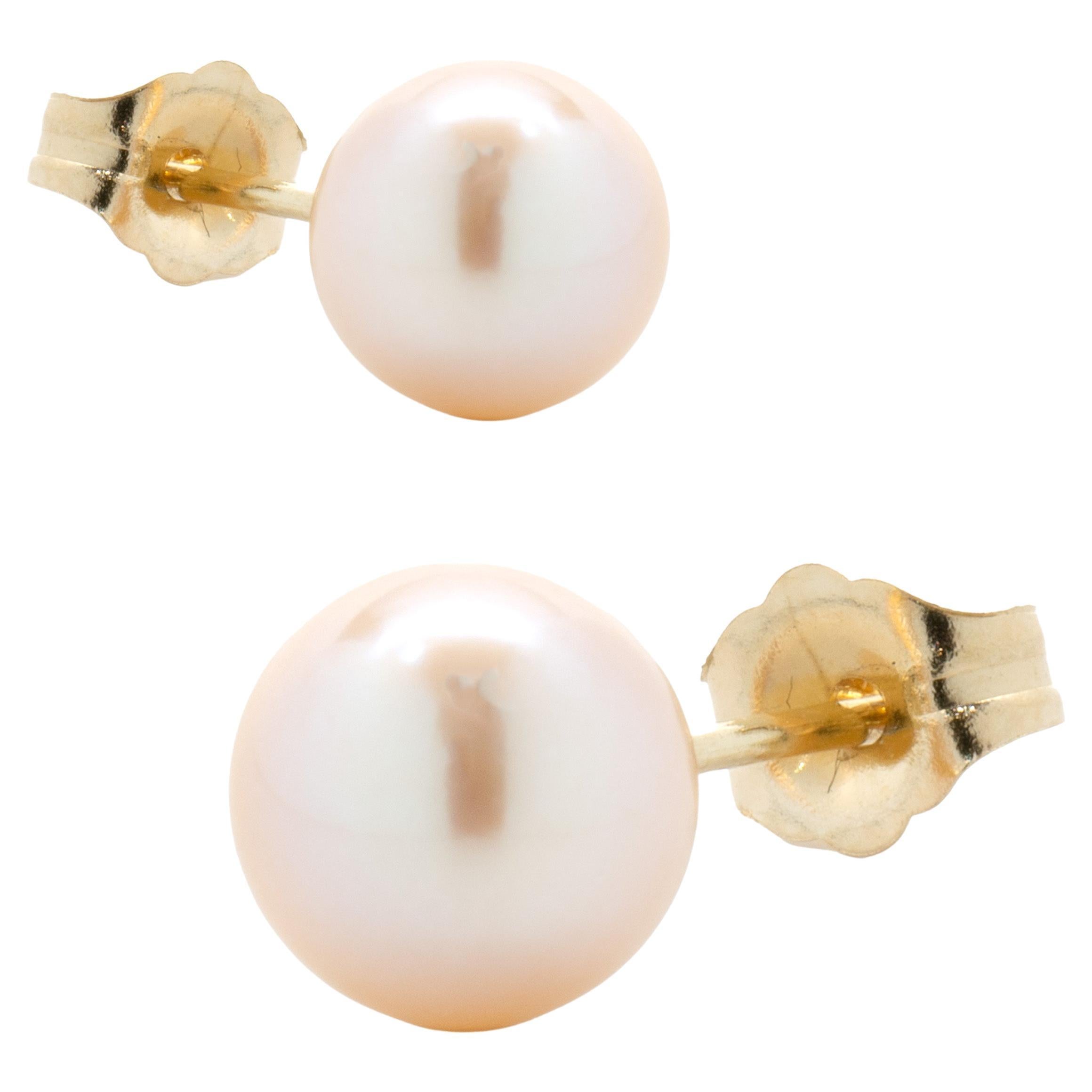 14 Karat Yellow Gold Pink Rose Pearl Stud Earrings For Sale