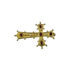 14 Karat Yellow Gold Pink Sapphire and Diamond Cross Pendant #17160