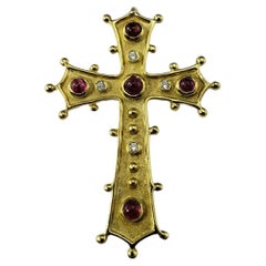 Pendentif croix en or jaune 14 carats, saphir rose et diamant n° 17160