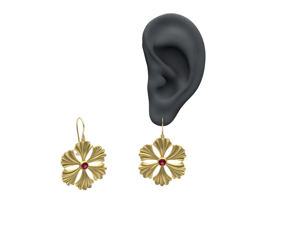 14 Karat Yellow Gold Pink Sapphire Fan Flower Earrings,14 Karat Yellow Gold Pink Sapphires  Fan Flower Earrings, Tiffany designer, Thomas Kurilla created this exclusively for 1stdibs. This stylized Fan Flower came from a drawing of a button designed