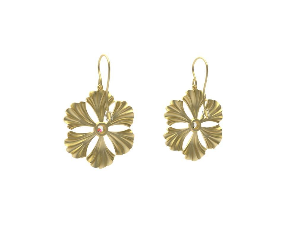 14 Karat Yellow Gold Pink Sapphire Fan Flower Earrings For Sale 1