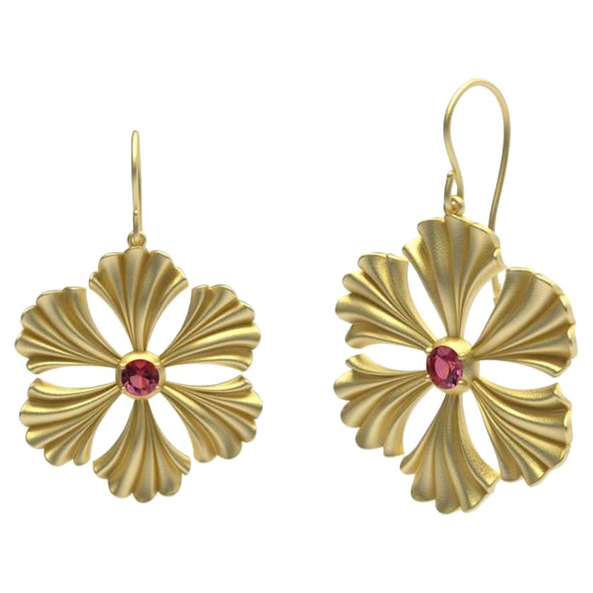 14 Karat Yellow Gold Pink Sapphire Fan Flower Earrings For Sale