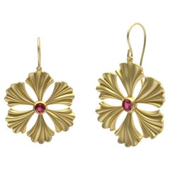 14 Karat Yellow Gold Pink Sapphire Fan Flower Earrings