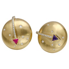 14 Karat Yellow Gold Pink Tourmaline Amethyst Diamond Round Clip-On Earrings