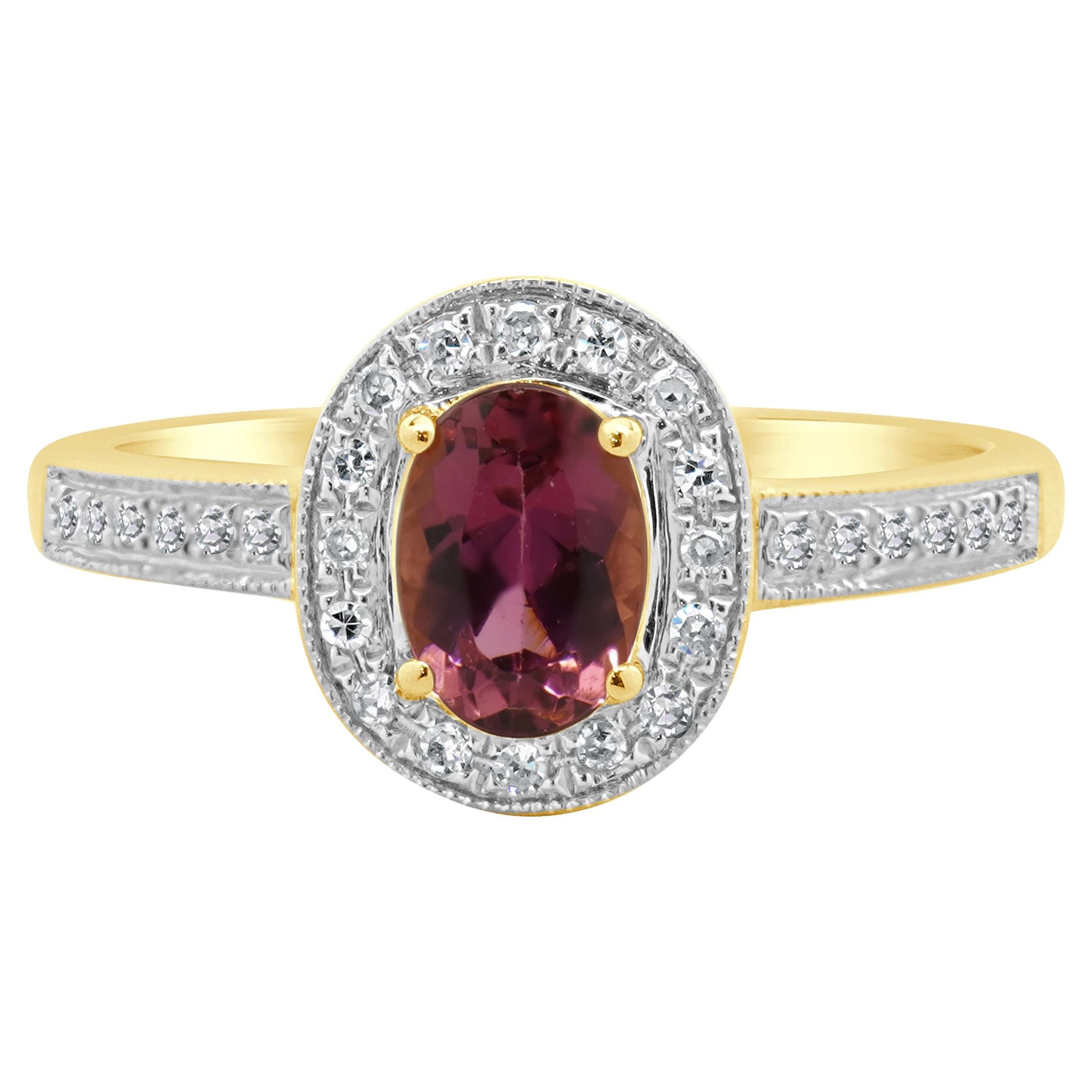 Anello ovale in oro giallo 14 carati con tormalina rosa e diamanti