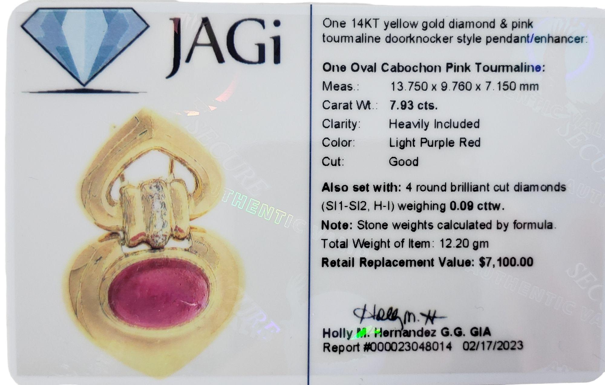 14 Karat Yellow Gold Pink Tourmaline and Diamond Pendant #14011 For Sale 1