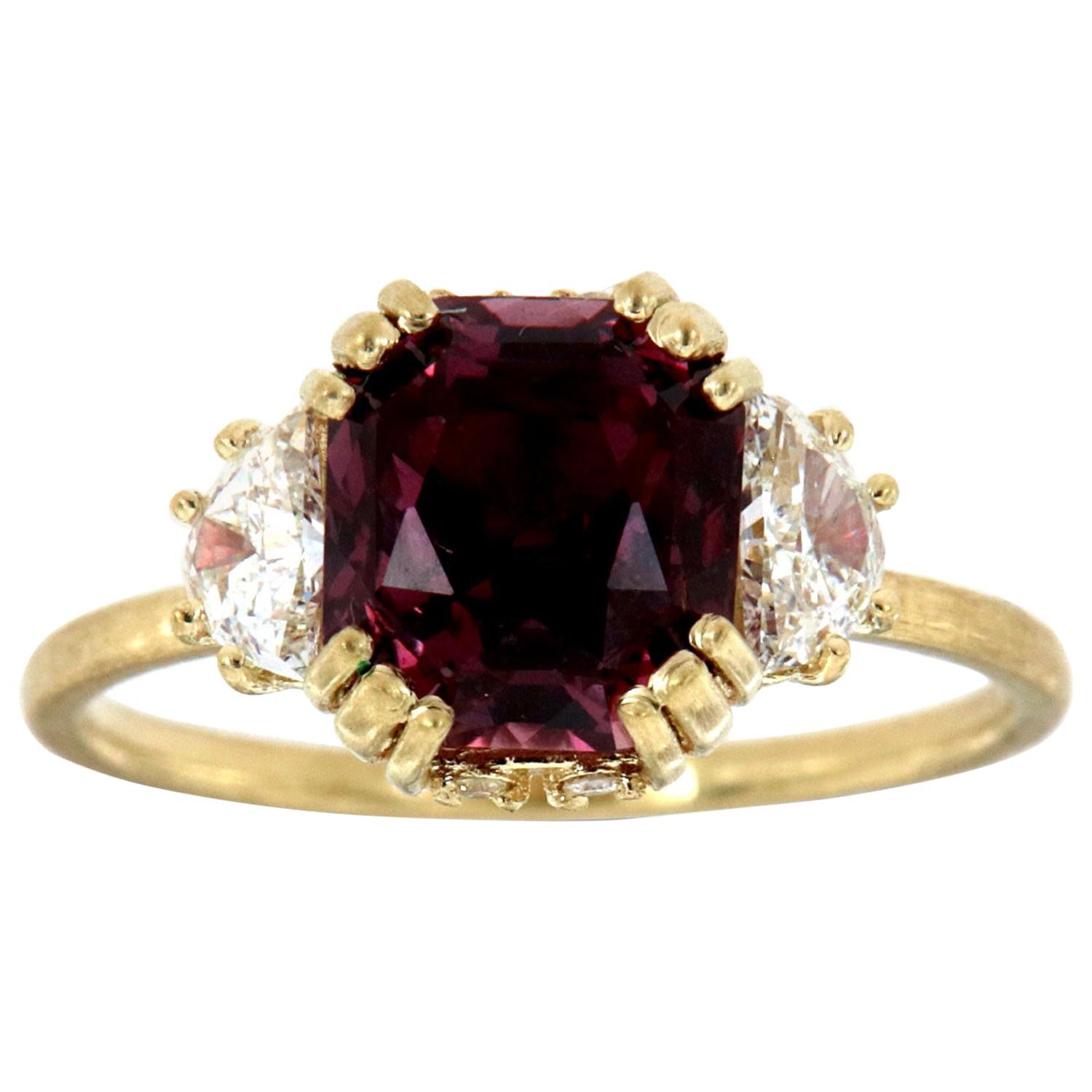 14 Karat Yellow Gold Pinkish Purple Sapphire & Diamond Ring GIA 'Center 3.59 CT'