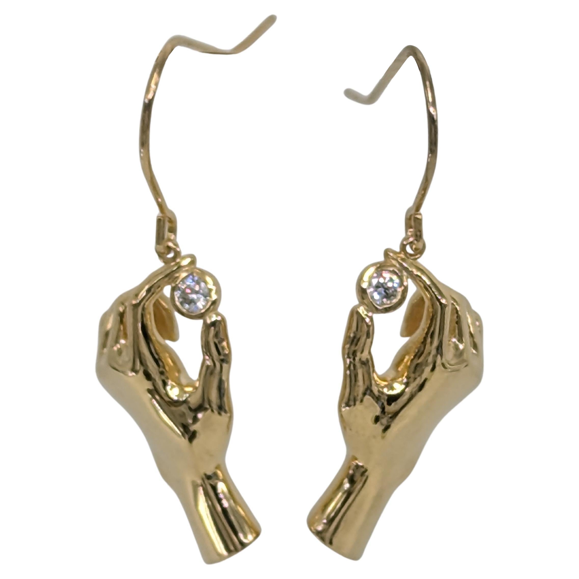 14 Karat Yellow Gold Plated Hands Holding Diamonds Earrings For Sale