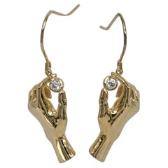14 Karat Yellow Gold Plated Hands Holding Diamonds Earrings