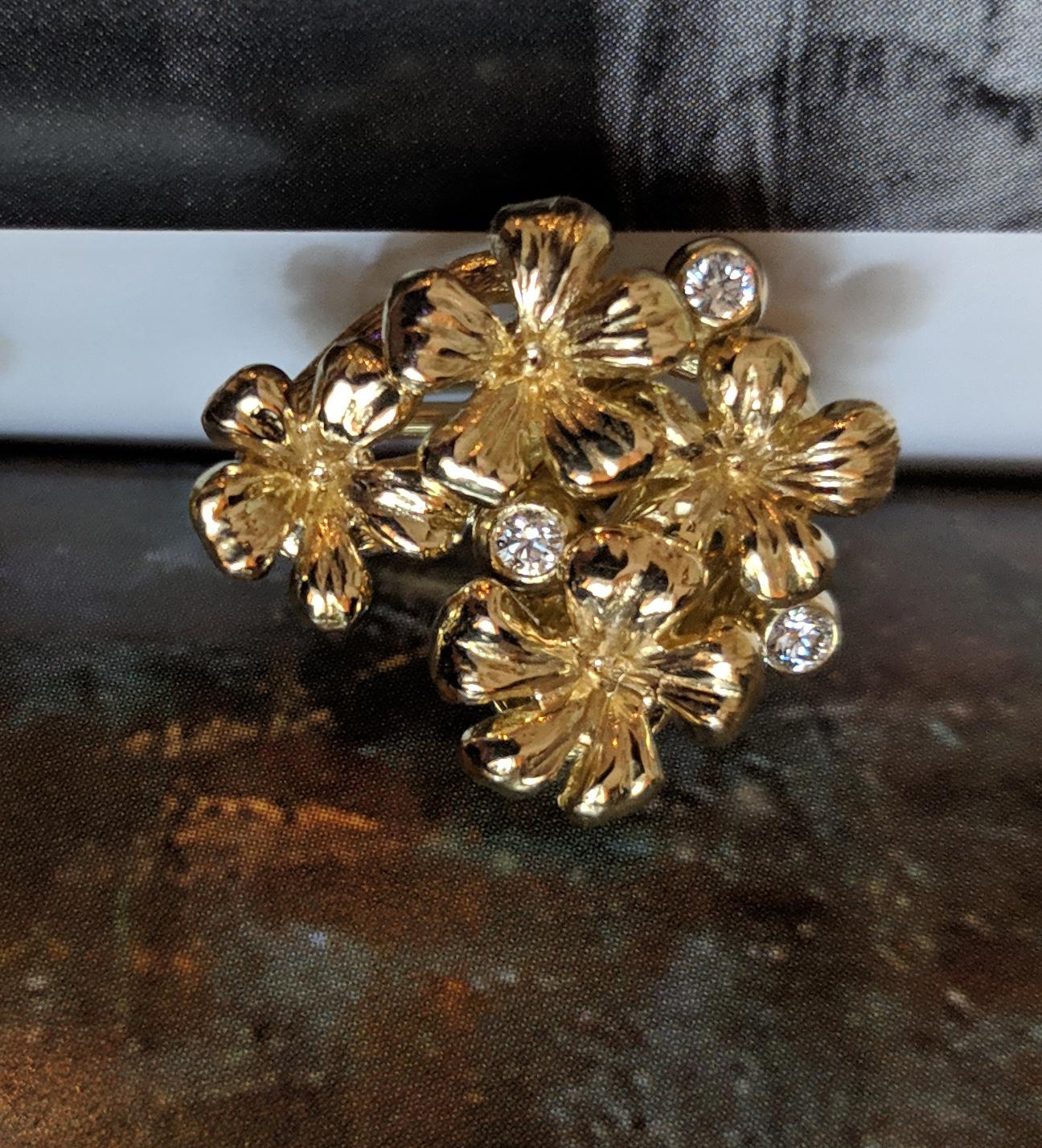 14 Karat Yellow Gold Plum Flowers Clip-On Earrings by The Artist with Diamonds For Sale 9