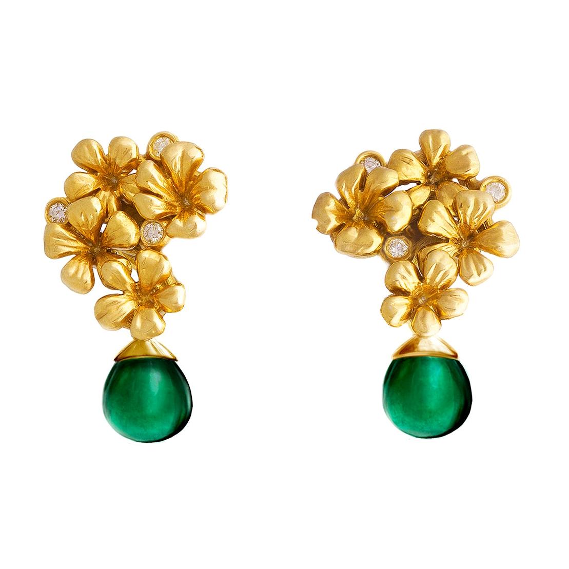 14 Karat Yellow Gold Plum Flowers Clip-On Earrings by The Artist with Diamonds