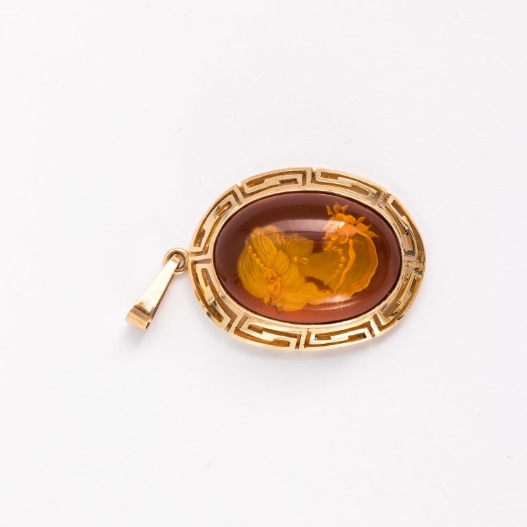 14 Karat Yellow Gold Polish Hand-Carved Genuine Baltic Amber Cameo ...