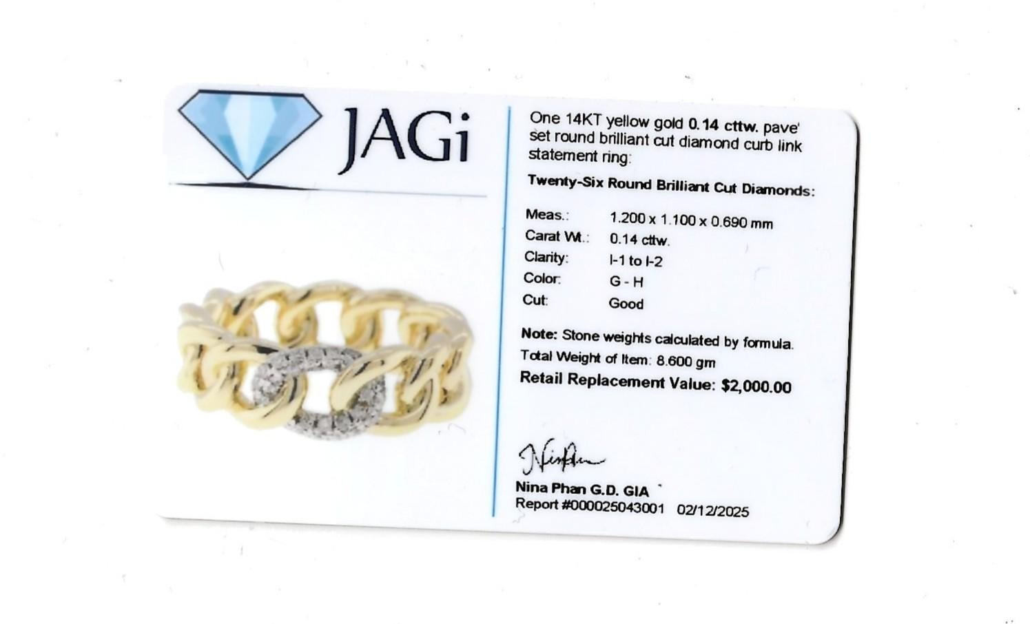 14 Karat Yellow Gold Polished Curb Link Band Ring with Pavé Diamonds For Sale 5