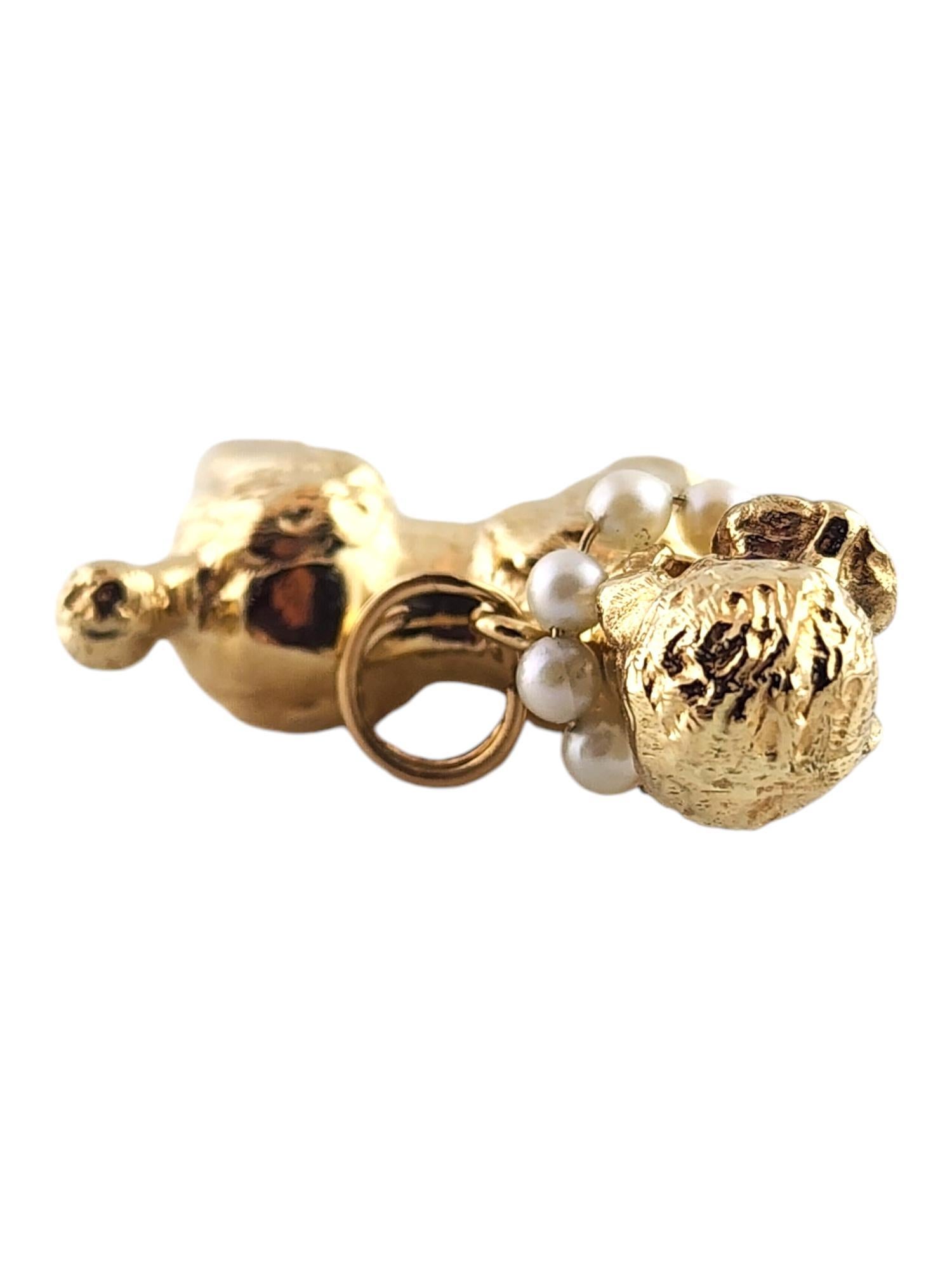 Round Cut 14 Karat Yellow Gold Poodle Charm with Rubies and Pearls #19229 For Sale