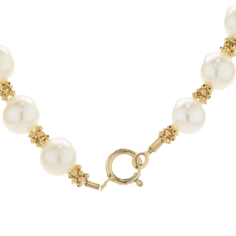 14 Karat Yellow Gold Potato Pearl Station Necklace For Sale at 1stDibs