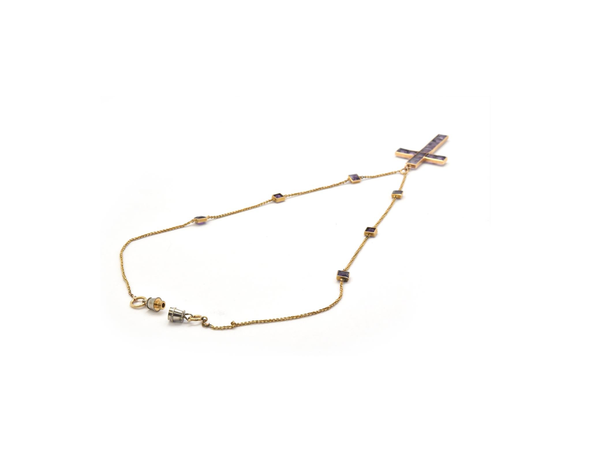 14 Karat Gelbgold Princess Cut Amethyst Kreuz auf Gelbgold Halskette für Damen oder Herren
