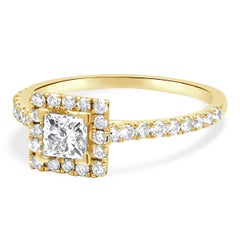 14 Karat Yellow Gold Princess Cut and Round Diamond Halo Engagement Ring