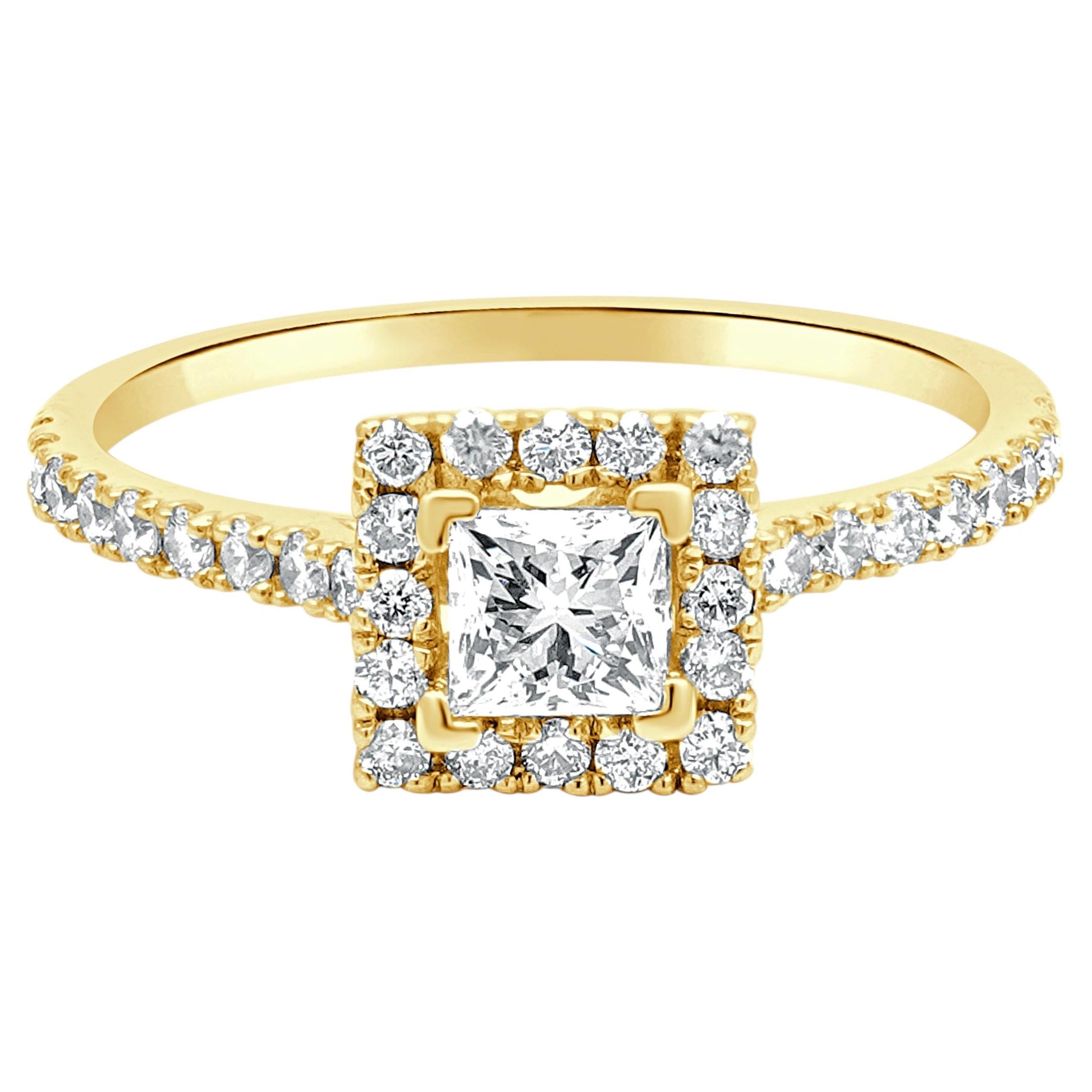 14 Karat Yellow Gold Princess Cut and Round Diamond Halo Engagement Ring