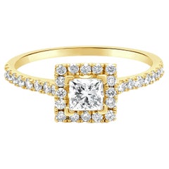 14 Karat Yellow Gold Princess Cut and Round Diamond Halo Engagement Ring