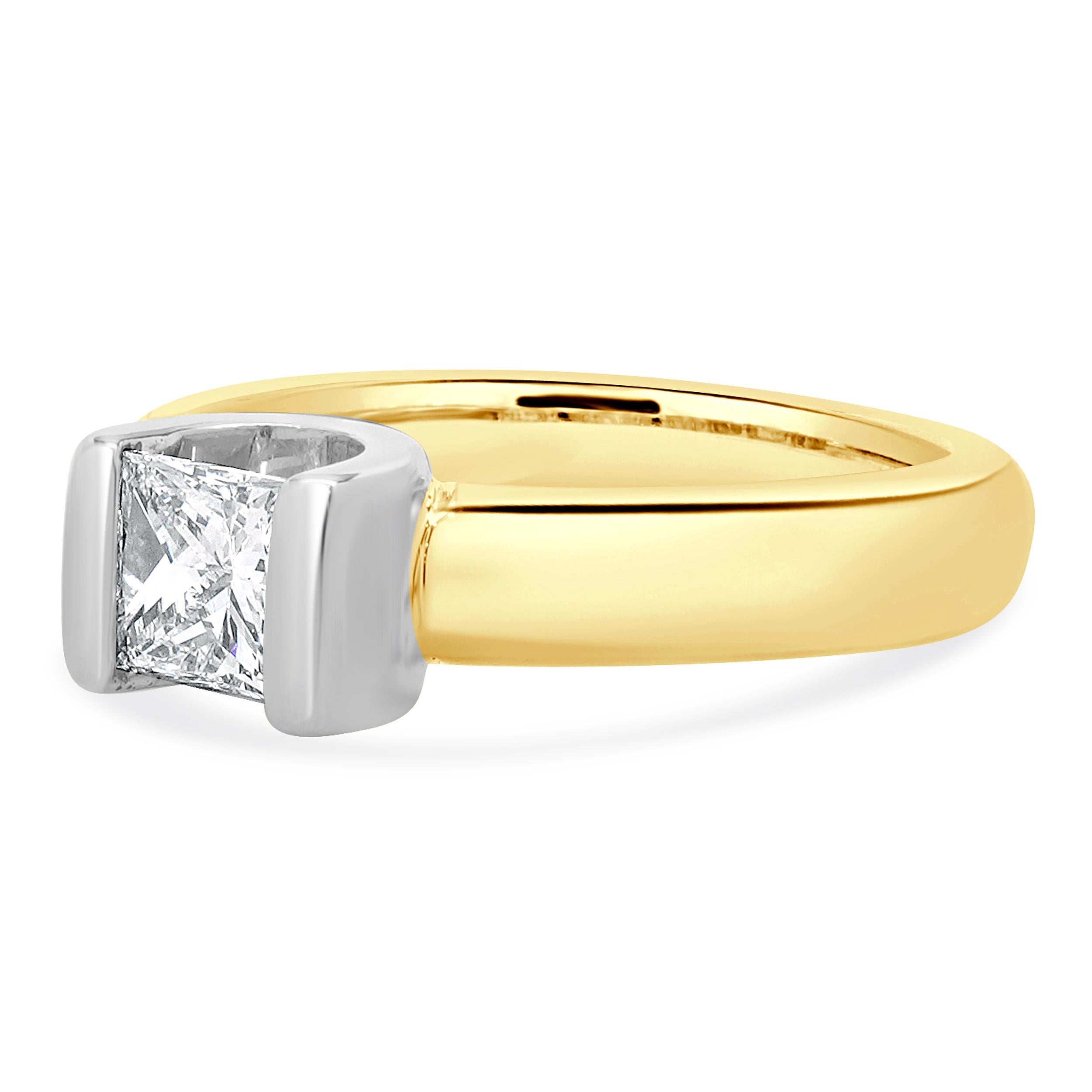Designer: custom
Material: 14K yellow gold
Center Diamond: 1 princess cut = 0.63ct
Color : G
Clarity : VS2
Size: 6 complimentary sizing available 
Weight: 5.93 grams
