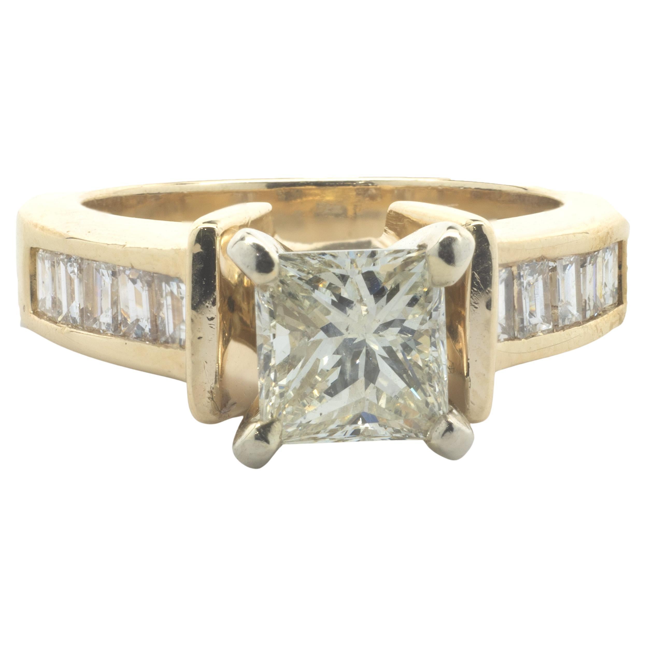 14 Karat Yellow Gold Princess Cut Diamond Engagement Ring For Sale
