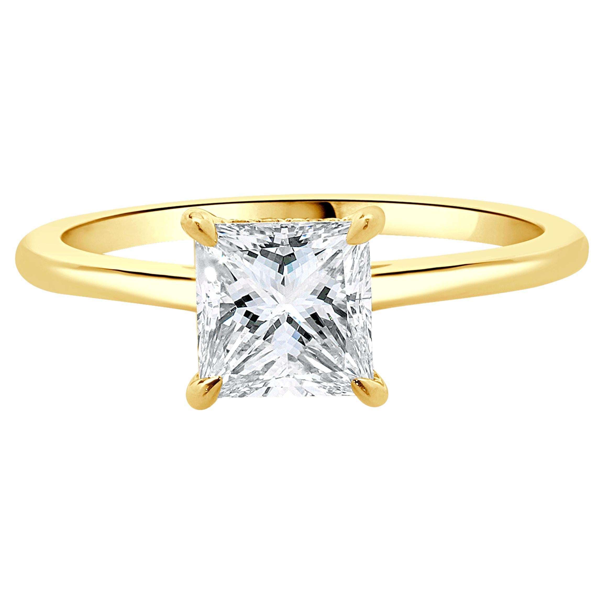 14 Karat Yellow Gold Princess Cut Diamond Engagement Ring For Sale
