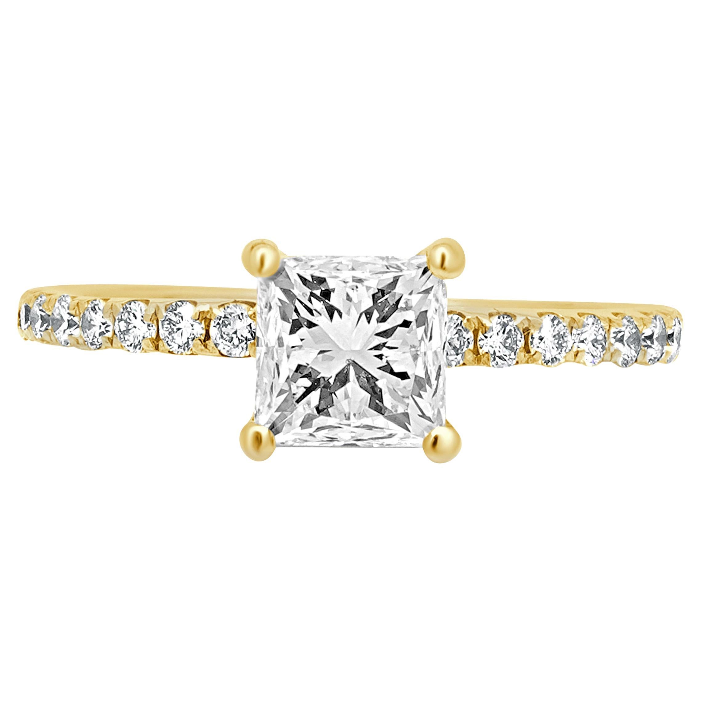 14 Karat Yellow Gold Princess Cut Diamond Engagement Ring For Sale