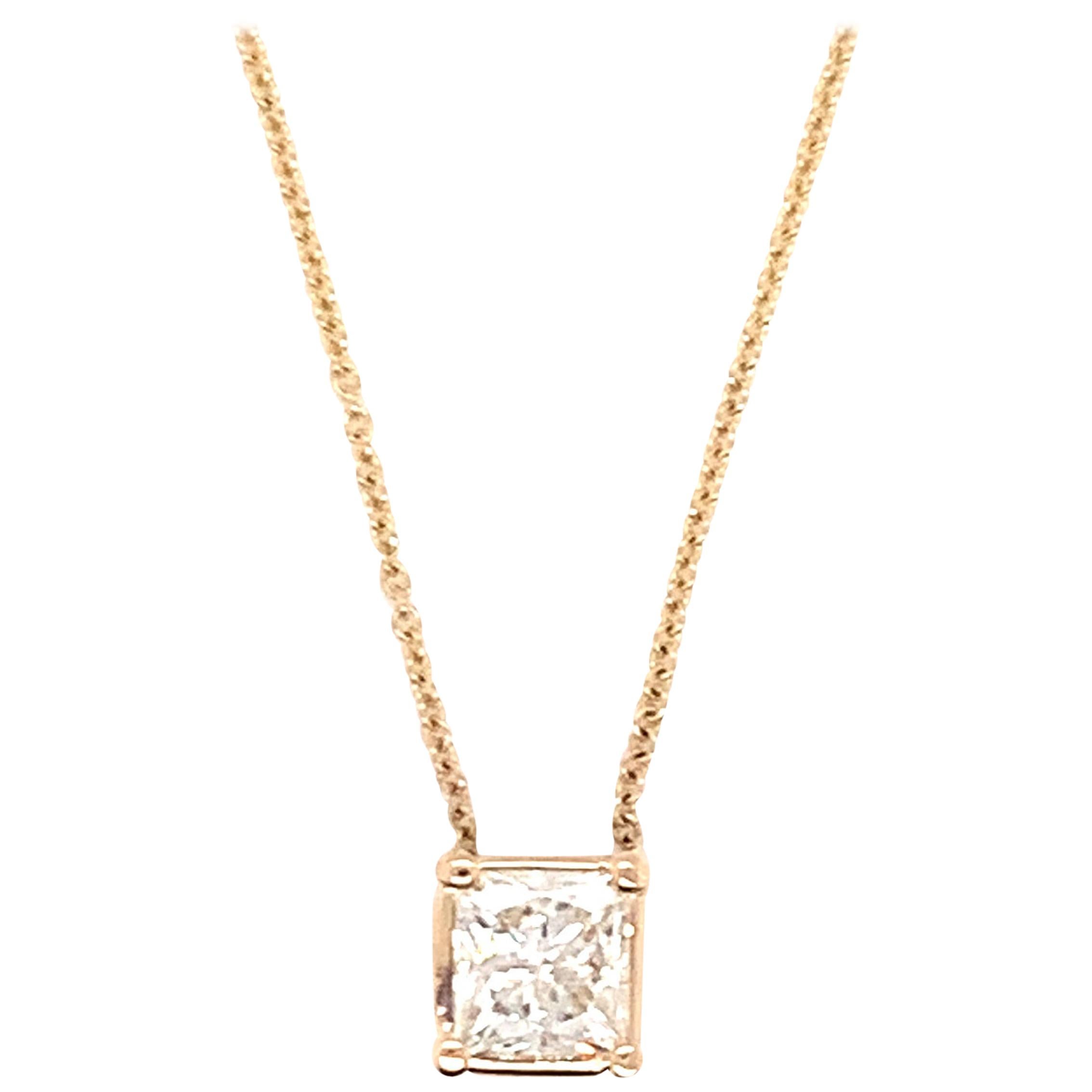 14 Karat Yellow Gold Princess-Cut Diamond Pendant Necklace For Sale