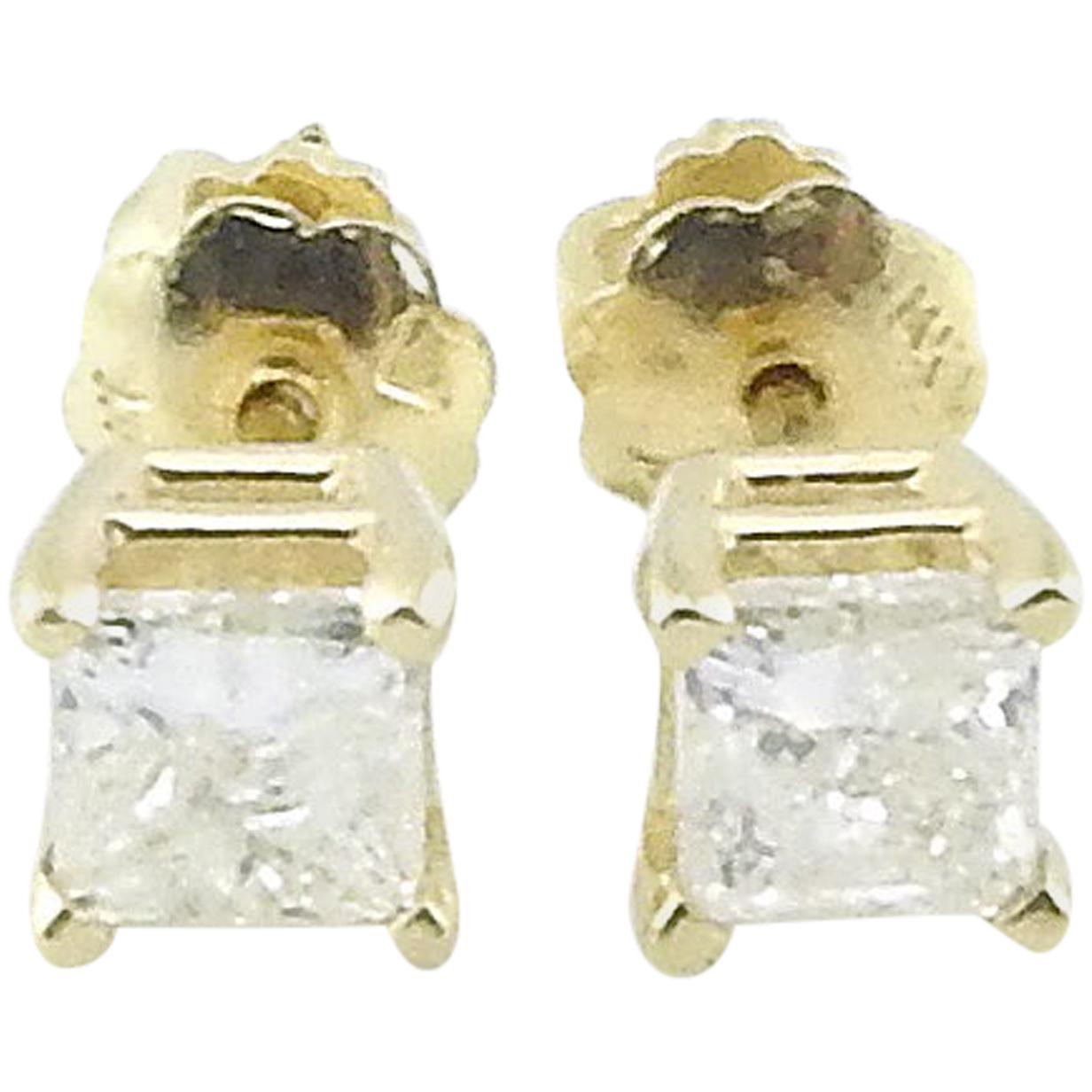 14 Karat Yellow Gold Princess Cut Diamond Stud Earrings