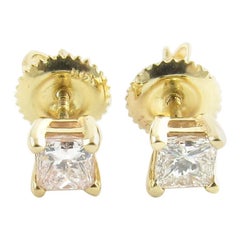 Vintage 14 Karat Yellow Gold Princess Cut Diamond Stud Earrings